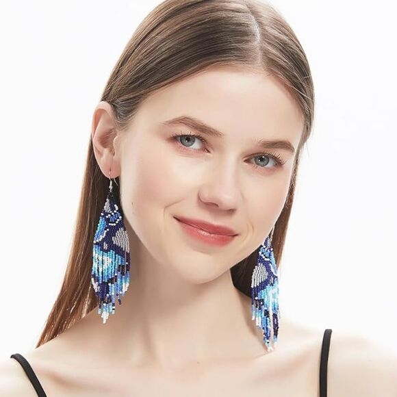 Abstract Bohemian Seed Bead Tassel Dangling Statement French Wire Hook Earrings - Picture 9 of 10